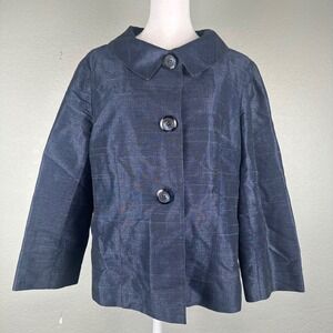 Alfani Jacket Women Size 10 Blue Linen Blend Peter Pan Collar Button Front Mod